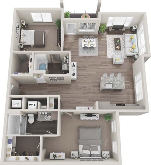 Floor plan for 2 beds, 2 baths, 1305 sqft